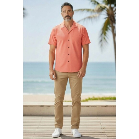 NWOT Mizzen+Main Palmer Camp Shirt Mens M Salmon Peach Linen Blend Stretch Shirt - Picture 2 of 12